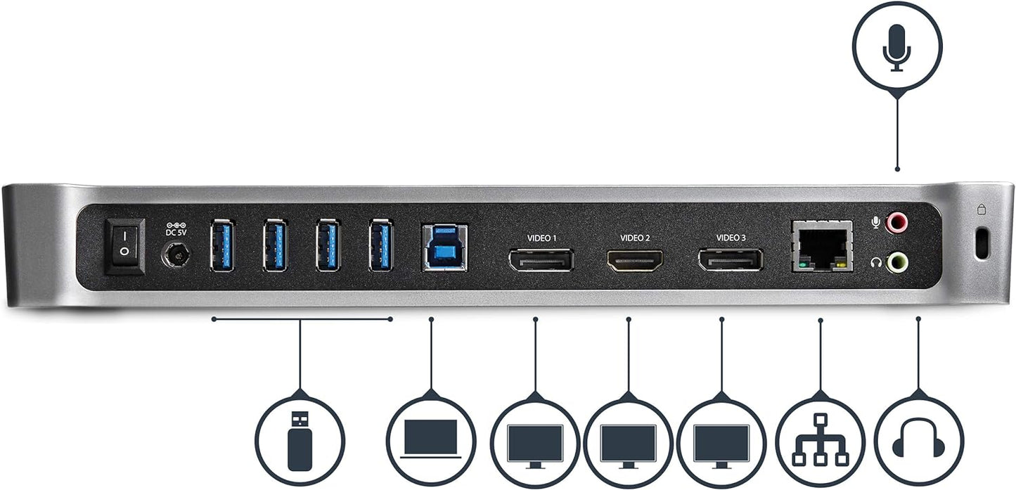 StarTech.com Triple Monitor USB 3.0 Docking Station, 2x 4K DisplayPort & HDMI, USB Type A Universal Laptop Dock, Windows/Mac, TAA
