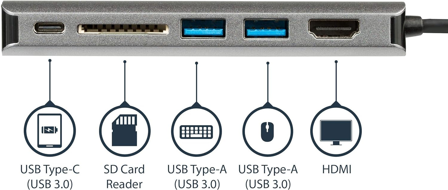 StarTech.com USB C Multiport Adapter - USB-C Travel Dock to 4K HDMI, 3x USB 3.0 Hub, SD/SDHC, GbE, 60W PD 3.0 Pass-Through - Portable USB-C Mini Docking Station USB Type-C/Thunderbolt 3 (DKT30CSDHPD3)